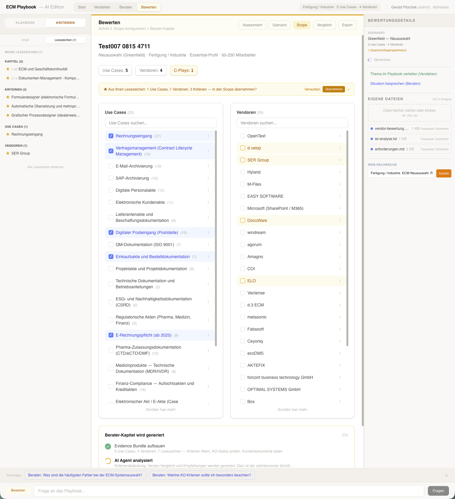 Bewerten-Modus: Scope-Auswahl mit Use Cases und Vendor-Auswahl