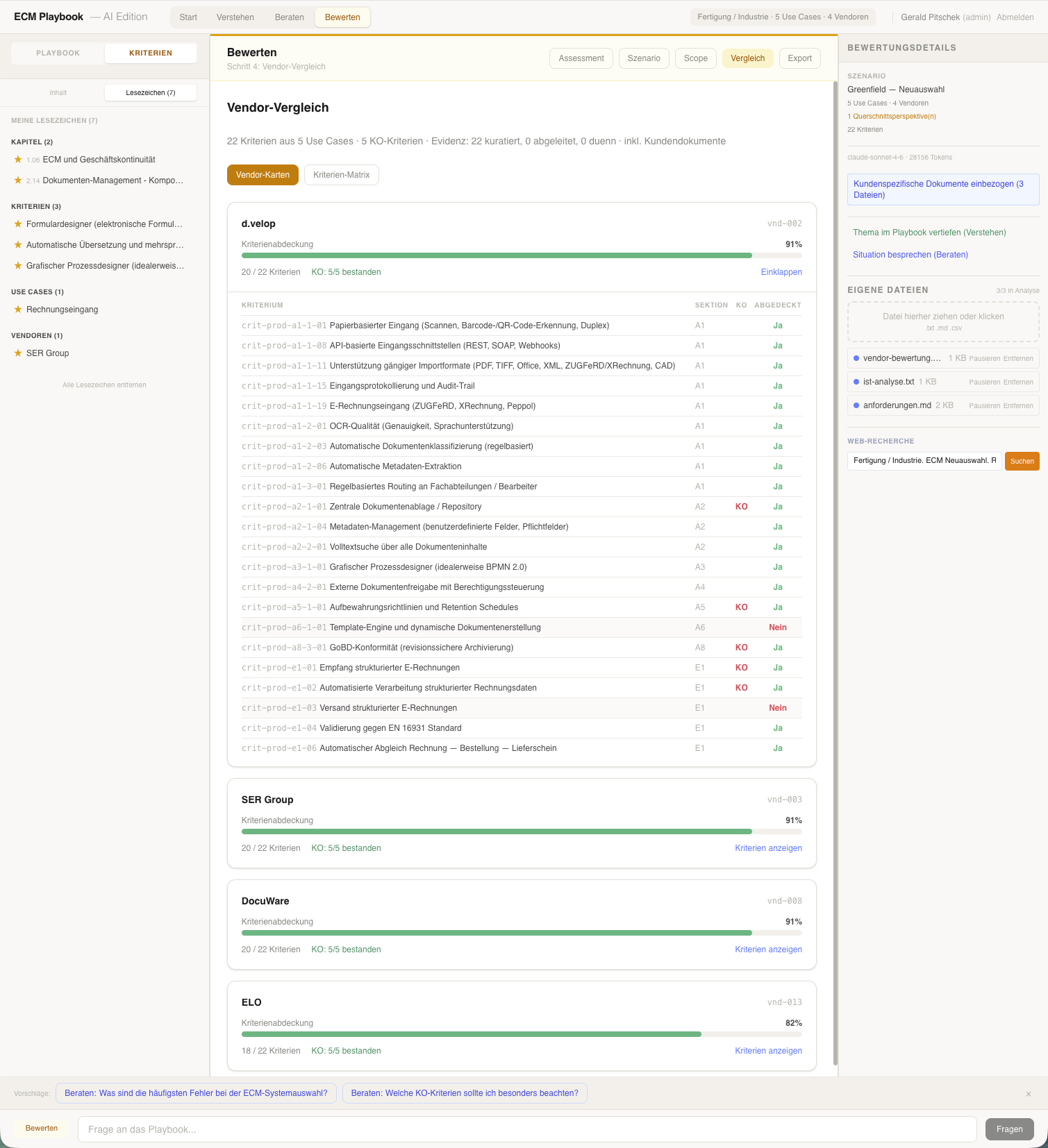 Vendor-Vergleich: Kriterien-Matrix mit Scoring und KO-Markierungen