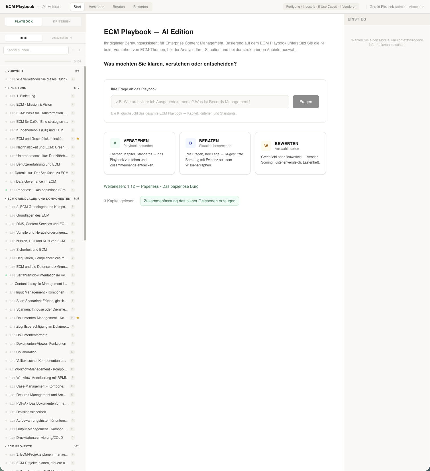 ECM Playbook, AI Edition: Hauptansicht mit drei Modi Verstehen, Beraten und Bewerten